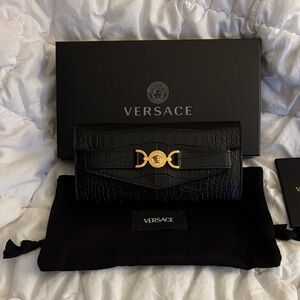 Versace Black Croc-Embossed Wallet with Gold Accents